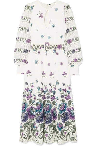 Shop Andrew Gn Lace-trimmed Printed Silk-blend Midi Dress In White