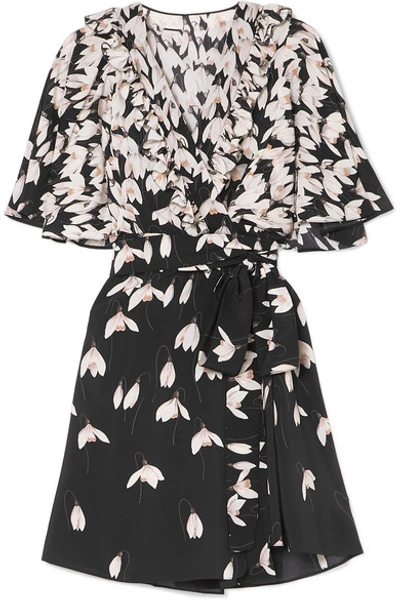 Shop Valentino Ruffled Floral-print Silk Crepe De Chine Mini Wrap Dress In Black