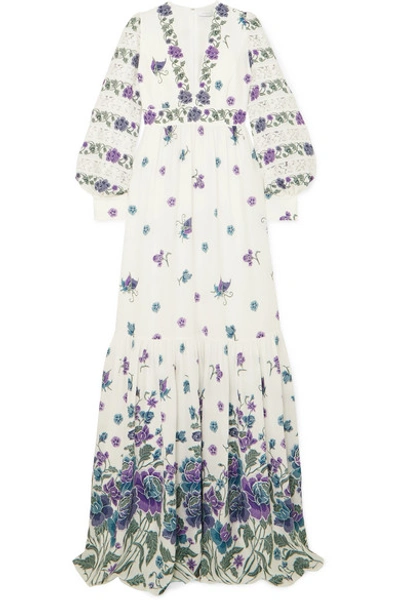 Shop Andrew Gn Lace-trimmed Printed Silk-blend Gown In White