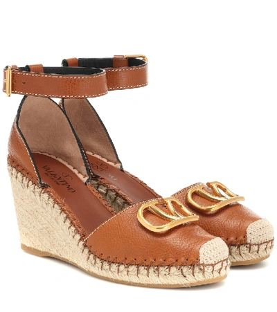 Shop Valentino Vlogo Leather Wedge Espadrilles In Brown