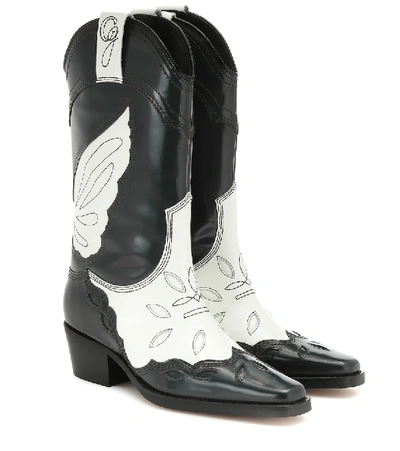 Ganni High Texas Two-tone Embroidered Leather Boots In Black | ModeSens