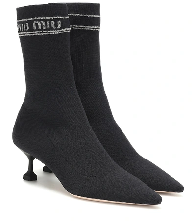 Miu Miu Tech Knit Pointed-toe Sock Booties In Black | ModeSens