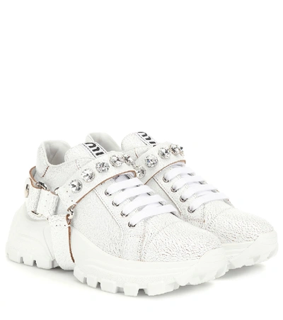 Shop Miu Miu Embellished Leather Sneakers In White