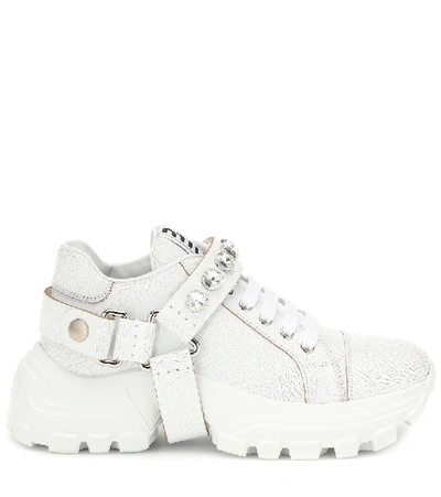 Shop Miu Miu Embellished Leather Sneakers In White