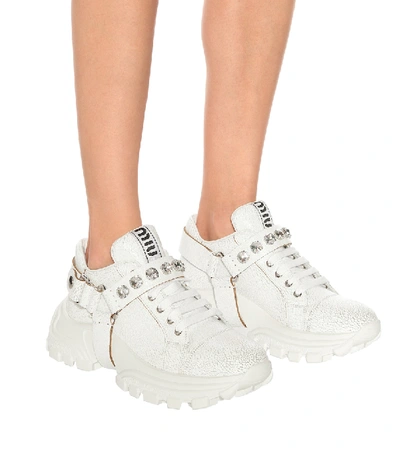 Shop Miu Miu Embellished Leather Sneakers In White