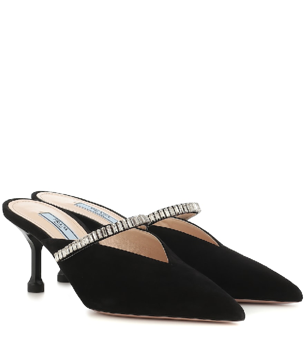 Prada Crystal Embellished Pointy Toe Mule In Black | ModeSens
