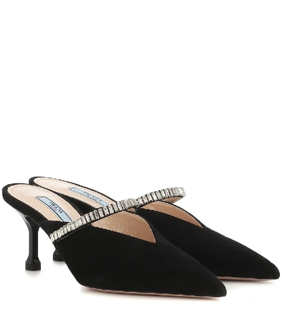 Shop Prada Crystal-embellished Suede Mules In Black