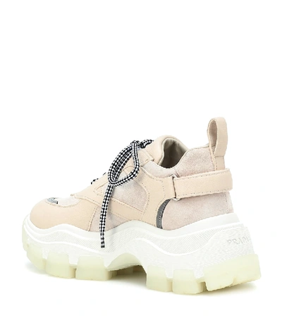 Shop Prada Block Leather Sneakers In Beige