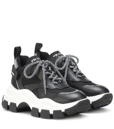 Shop Prada Block Leather-trimmed Sneakers In Black