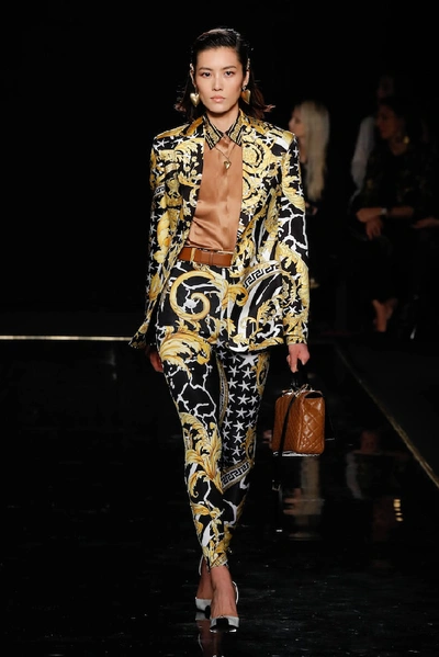 Shop Versace Printed Silk Twill Blazer In Yellow