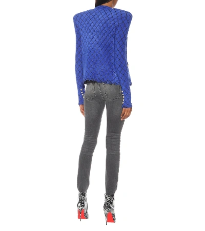 Shop Balmain Stretch Knit Jacket In Blue