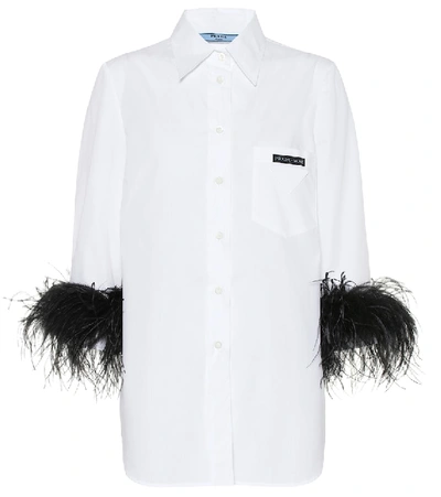 Shop Prada Feather-trimmed Cotton Shirt In White