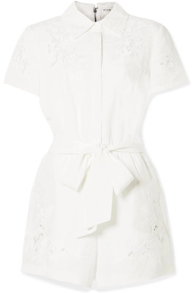 Shop Alice And Olivia Lanna Guipure Lace-trimmed Lyocell And Linen-blend Playsuit In Ivory