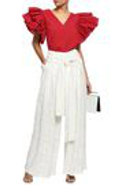 Shop Rosie Assoulin Belted Jacquard Wide-leg Pants In Ivory