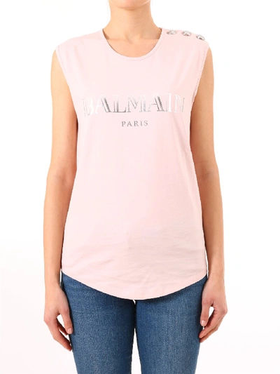 Shop Balmain Sleeveless Logo Top In Pink