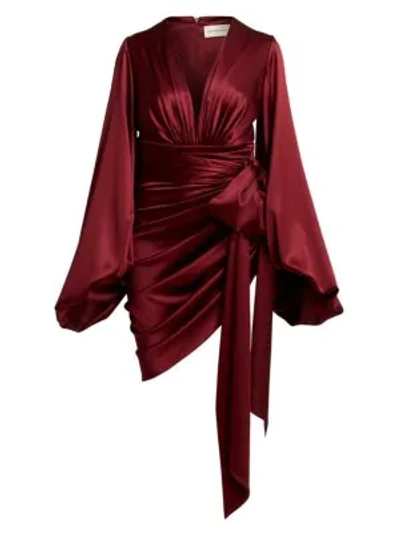 Alexandre Vauthier Stretch Satin Bell-sleeve Tie-waist Dress In Burgundy |  ModeSens