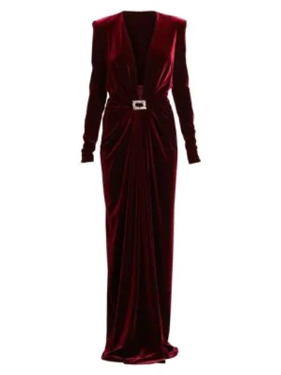 Shop Alexandre Vauthier Velvet Jersey Long-sleeve Deep V-neck Column Gown In Burgundy