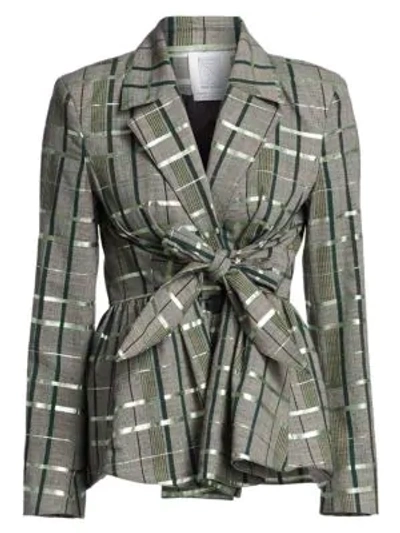 Shop Rosie Assoulin Plaid Tie-front Peplum Wool-blend Blazer In Green