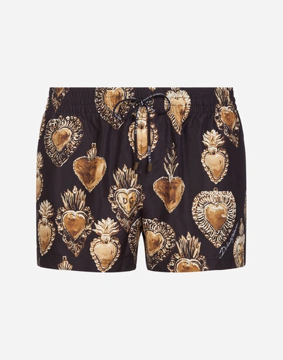 Shop Dolce & Gabbana Short Swimming Trunks With Sacred Heart Print In Black