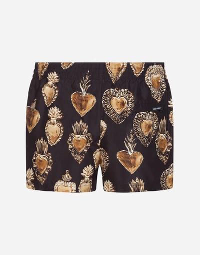 Shop Dolce & Gabbana Short Swimming Trunks With Sacred Heart Print In Black