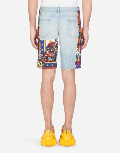 Shop Dolce & Gabbana Denim Bermuda Shorts With Superhero King Print Cotton Inserts In Light Blue