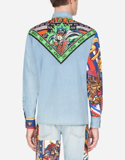 Shop Dolce & Gabbana Denim Shirt With Printed Cotton Inserts In Light Blue