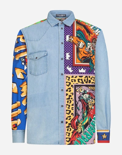 Shop Dolce & Gabbana Denim Shirt With Printed Cotton Inserts In Light Blue