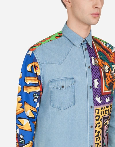 Shop Dolce & Gabbana Denim Shirt With Printed Cotton Inserts In Light Blue