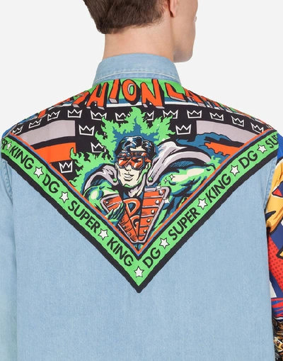 Shop Dolce & Gabbana Denim Shirt With Printed Cotton Inserts In Light Blue