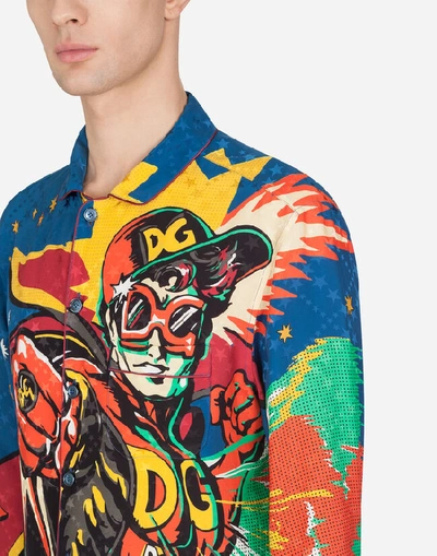 Shop Dolce & Gabbana Silk Pajama Shirt With Superhero King Print In Multi-colored