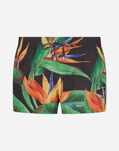 Shop Dolce & Gabbana Short Swimming Trunks With Bird Of Paradise Print In Floral Print
