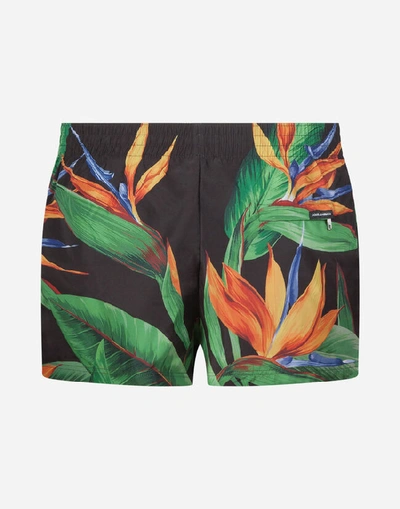 Shop Dolce & Gabbana Short Swimming Trunks With Bird Of Paradise Print In Floral Print