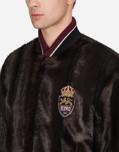 Shop Dolce & Gabbana Faux Fur Jacket With Patch In Brown
