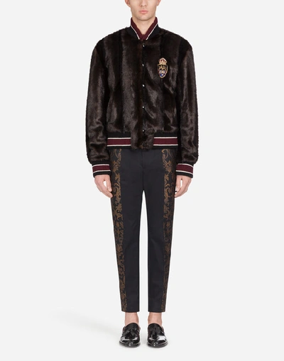 Shop Dolce & Gabbana Faux Fur Jacket With Patch In Brown