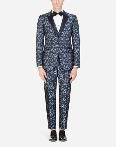 Shop Dolce & Gabbana Martini-fit Tuxedo Suit In Star-design Jacquard In Blue