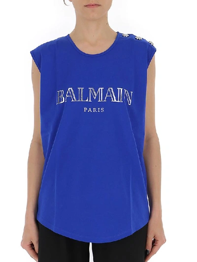 Shop Balmain Sleeveless Logo Top In Blue