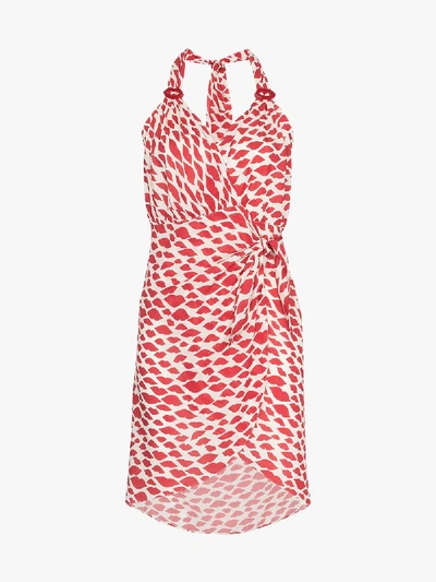 Shop Adriana Degreas Bacio Cross-front Shot Dress Halterneck Wrap Print Lips In Red