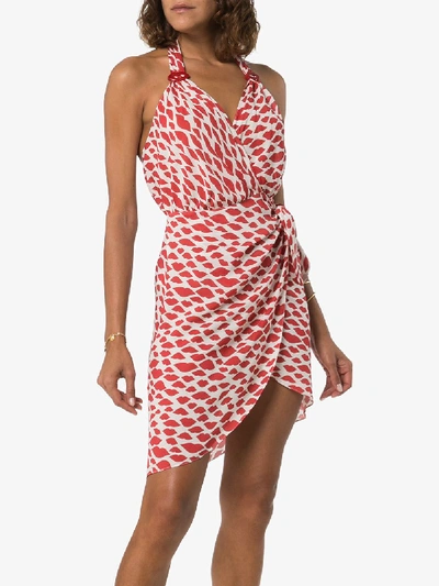 Shop Adriana Degreas Bacio Cross-front Shot Dress Halterneck Wrap Print Lips In Red