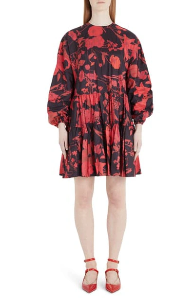 Shop Valentino Floral Print Long Sleeve Tiered Faille Minidress In 0nr-black/ Red