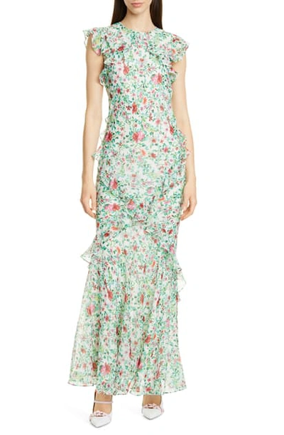 Shop Saloni Tamara Floral Print Silk Maxi Dress In Ivory Ornamental