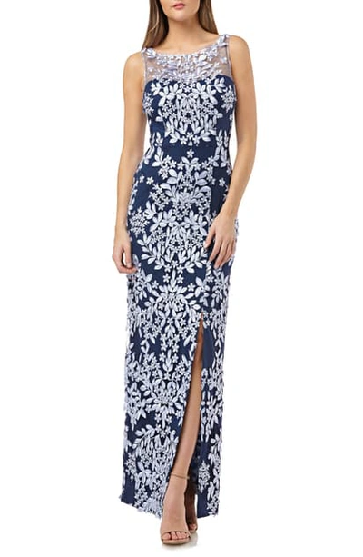 Shop Js Collections Leaf Embroidered Gown In Periwinkle Navy