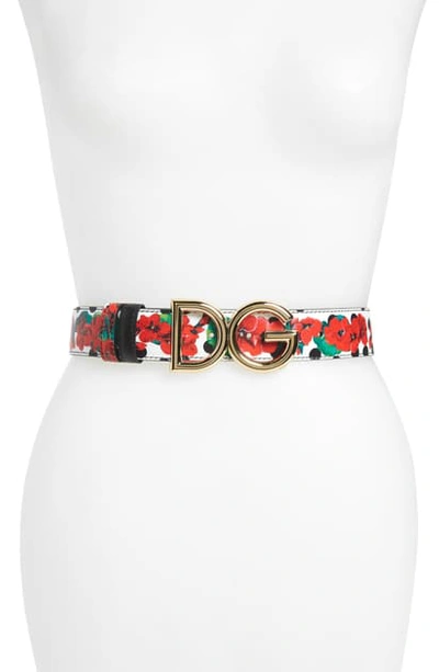 Shop Dolce & Gabbana Bianco Geranium Print Reversible Logo Buckle Leather Belt