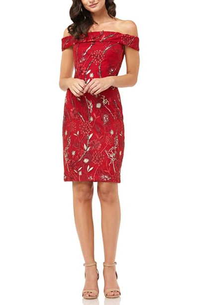 Shop Carmen Marc Valvo Infusion Off The Shoulder Cocktail Dress In Red/ Gold