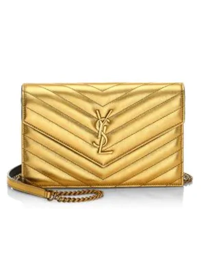 Shop Saint Laurent Small Monogram Matelassé Metallic Leather Wallet-on-chain In Gold