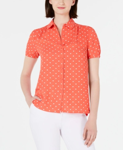 Shop Anne Klein Button-up Short-sleeve Blouse In Cape Cod/anne White
