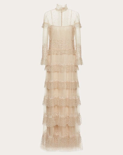 Shop Valentino Embellished Tulle Evening Dress With Ruffles In Gold