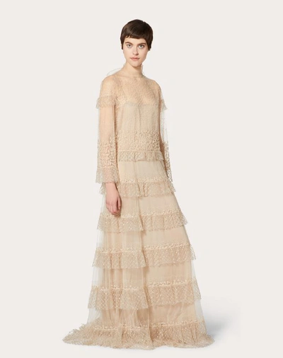 Shop Valentino Embellished Tulle Evening Dress With Ruffles In Gold