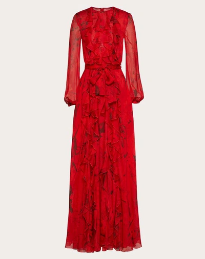 Shop Valentino Chiffon Evening Dress With Overdyed Flower Print In Red