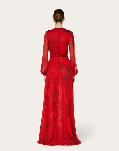 Shop Valentino Chiffon Evening Dress With Overdyed Flower Print In Red