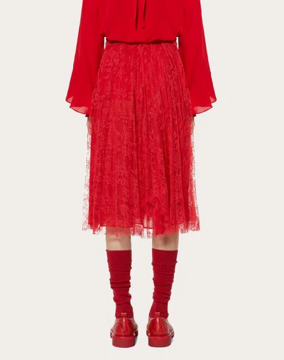 Shop Valentino Pleated Chantilly Lace Skirt In Red